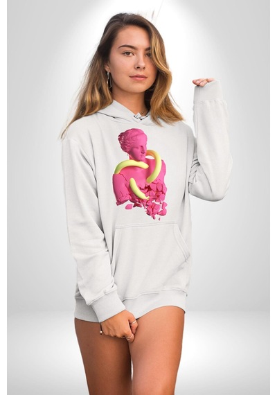 Pop Art Yaratıcı Heykel Pembe Kadın Erkek Beyaz Kapüşonlu Sweatshirt Hoodie Beyaz