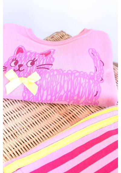 Monila Kız Çocuk Pembe Kedi Baskılı Sweatshirt Ve Pembe Çizgili Eşofman Alt Üst Takım