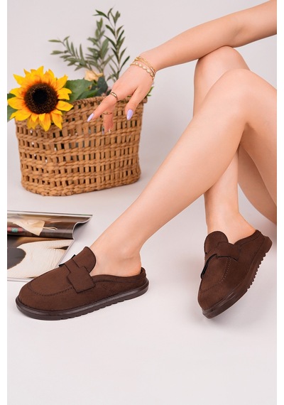 Muggo Vintage Süet Deri Günlük Rahat Önü Kapalı Kadın Loafer Terlik Kahverengi