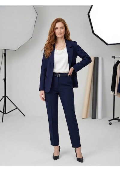 Prenses Kadın Modern Kesim Astarlı Blazer Takım Elbise Trend Ofis Şık Lacivert