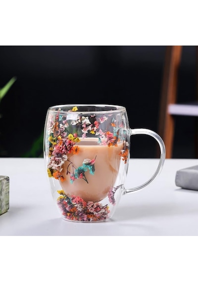 Çift Cidarlı Borosilikat Cam, Renkli Kuru Çiçek Tasarımlı, 350 Ml Kapasiteli, Kulplu, Şeffaf Kahve Kupası çok renkli