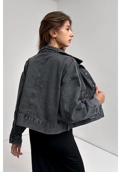 Moda Çift Cep Beli Düğme Detaylı Denim Ceket Gümüş