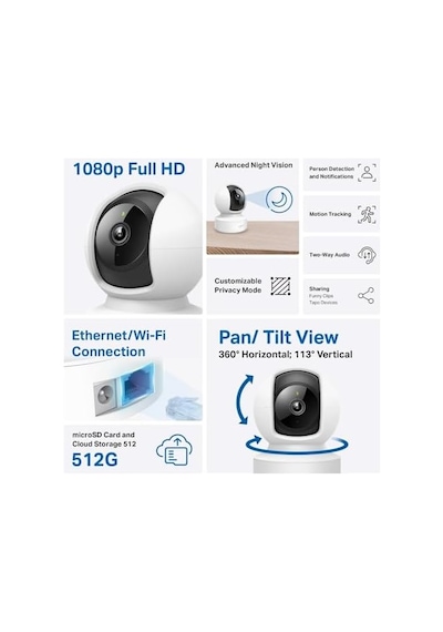 C202, 1080p Full Hd, Hareket Tespit Ve Takibi, 360 , 9m Gece Görüşü, Çift Yönlü Ses, Alarm, Bulut/yerel Depolama, Bebek Ağlaması Tespiti, İç Mekan Ethernet/wi-fi Güvenlik Kamerası