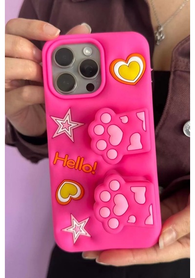 Caş Dekorasyon Pembe Renk Pati Figürlü 14 Pro Max Telefon Kılıfı Pembe