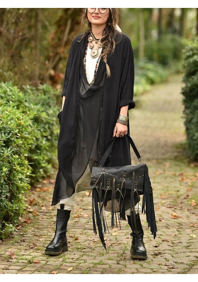 Bohem Stil Italyan Ipek Detaylı Oversize Kaftan & Bluz-8711 Siyah
