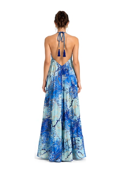 Lili Woman Kadın Mavi Ombreli Batik Desenli Halter Yaka Otantik Maxi Elbise Mo.melb01m