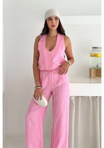 Asprin Fashion Çizgili Kumaş Yelek Takım Pembe Pembe