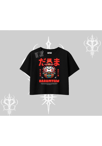 Tarzsokak Oversize Crop Tshirt Daruma Kedi Anime Baskılı Siyah
