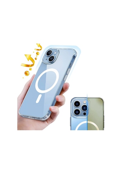 Vendas Apple Uyumlu iPhone 13 Kılıf M-safe Şarj Özellikli Şeffaf Sert Pc Zore Embos Kapak + Hayalet Ekran Koruyucu Şeffaf