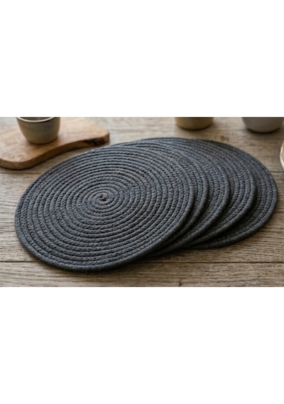 6 Lı Gri Makrome Supla Takımı 32 Cm - Lüks Örgü Amerikan Servis & Tabak Altlığı Antrasit