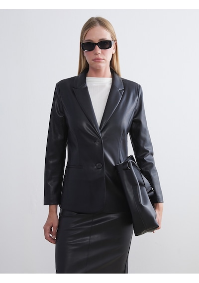 Lcwaıkıkı Classic Siyah Kadın Deri Görünümlü Blazer Ceket