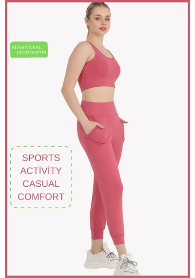 Kadın Curve Eşofman Alt Gül Kurusu Jogger Dalgıç Kumaş Yüksek Bel Çift Cepli Joggers 1061 GÜL KURUSU