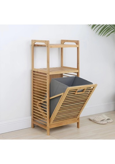 2 Organizer Raflı - Çek Aç Sepet Ahşap Bambu Kirli Çamaşır Sepet 40x35x95cm Bx40 Çok Renkli