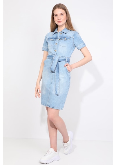 Kadın İki Cepli Açık Mavi Jean Elbise Kemerli Regular Fit Açık Mavi