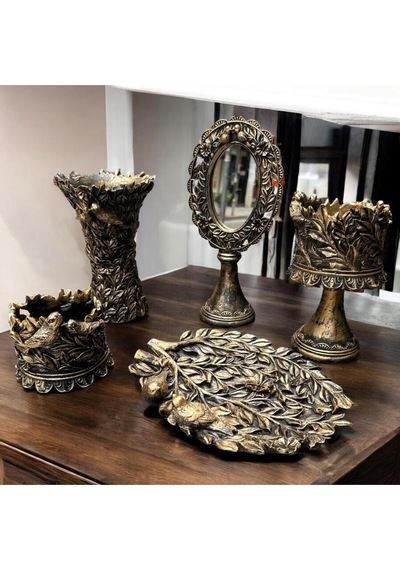 Dekoratif Polyester Kuşlu Beşli Salon Konsol Seti Gold Eskitme