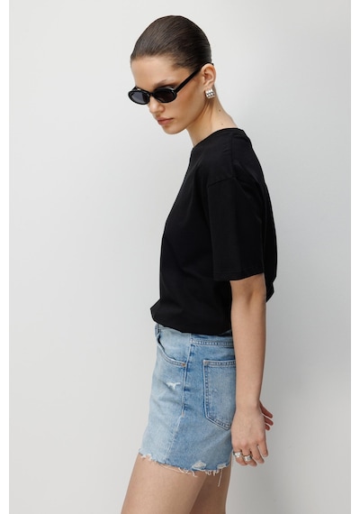 Mixray 4851 Kadın Oversize Fit Bisiklet Yaka Basic T-shirt Siyah Siyah