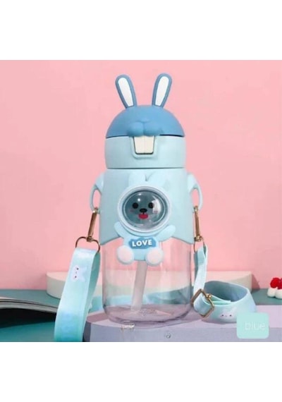 Sevimli Tavşan Çocuk Okul Matara Su Şisesi 600 Ml Mavi