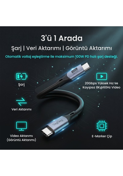 Veggieg 100w 5a Usb 3.2 Gen2 20 Gbps 8k 60hz Type-c Görüntü Şarj Ve Data Kablosu 1 Metre