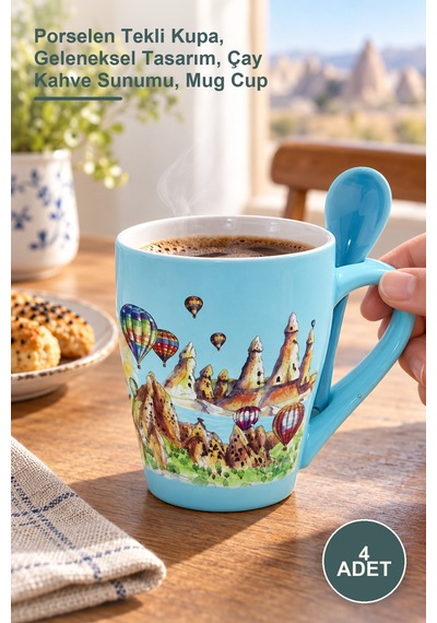 4 Adet Yöresel Kupa Bardak Porselen Tekli Kupa, Geleneksel Tasarım, Çay Kahve Sunumu, Mug Cup