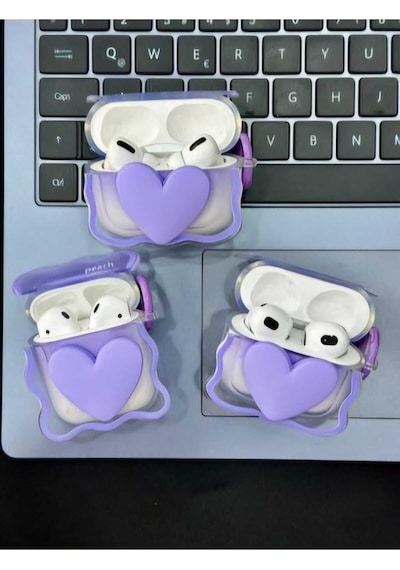 Apple Uyumlu iPhone Pro/pro2 Nesil  Koruyucu Bluetooth Kulaklık Kılıfı Figürlü Kalp Mor Airpods Pro/pro2 Nesil