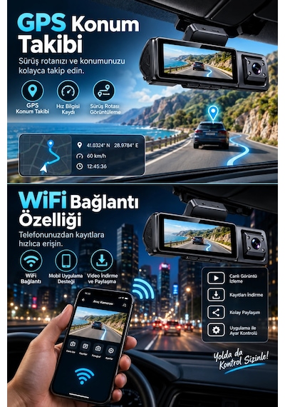 Harvox 4k Max 3 Kameralı Araç Kamerası Wifi Gps Adas Bsd 24 Saat Park Modu Gece Görüşü