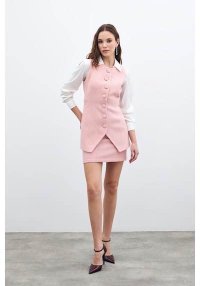 Sateen Düğmeli Tüvit Yelek - Pudra-135717 Pudra