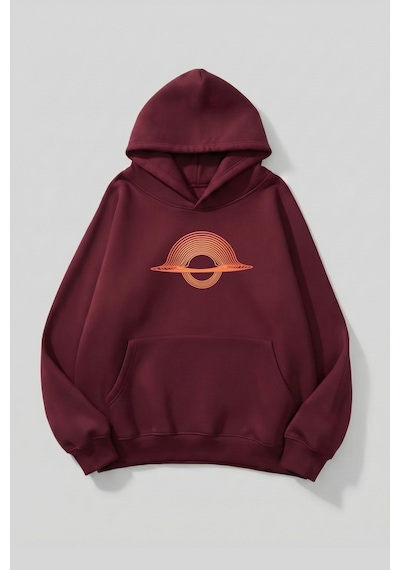 Uyguntarz Unisex Yumuşak Dokulu Çizgi Saturn Baskılı Tasarım Oversize 3 İplik Hoodie Sweatshirt Bordo