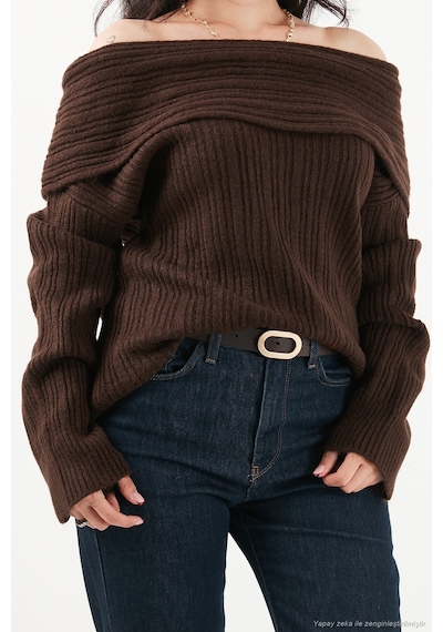 Lela Oversize Fit Madonna Yaka Triko Kazak Kadın Kazak 4615216 Kahve