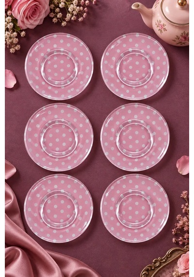 6 Lı Cam Çay Tabağı Pembe Puantiyeli 12 Cm 6 Adet Çay Tabak