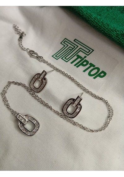 Tiptop/ Gümüş Renk Zirkon Taşlı Baget Kolye Ve Küpe Set Gümüş