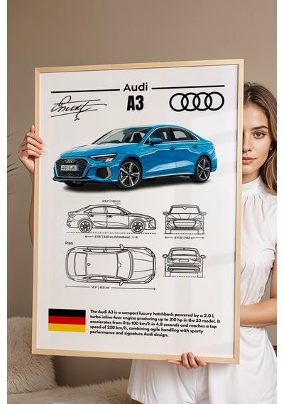Audi A3 Tablo - Teknik Özellikli Alman Otomobil Poster - Çerçeveli Duvar Dekoru - Araba Blueprint Kayın Audi A3 Tablo - Teknik Özellikli Alman Otomobil Poster - Çerçeveli Duvar Dekoru - Araba Blueprint Kayın