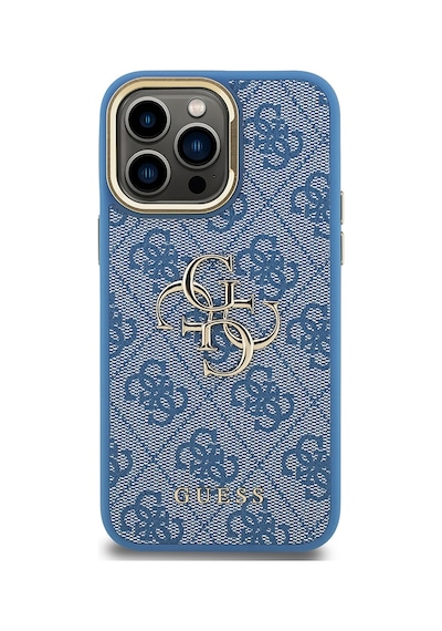 Apple iPhone 13 Pro Max Uyumlu Kılıf Guess Lisanslı Metal 4g Ve Yazı Logolu Kamera Standlı Kapak Mavi