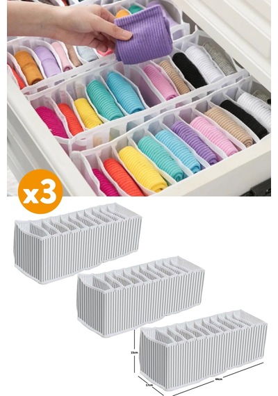 Esti 3 Adet - 11 Gözlü Çekmece Içi Akordiyon Organizer - Medium 15 X 44 X 17 Gri-beyaz-3m