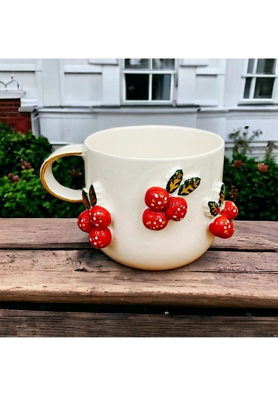 24 Ayar Altın Detaylı Kokina Kabartmalı El Yapımı Mug Cochina Christmas 300 Ml Beyaz - Çok Renkli