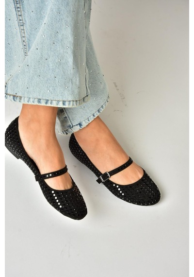 Fox Shoes U726634504 Siyah Kumaş Taş Detaylı Babet Siyah-kumaş Siyah