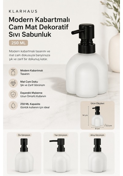 Modern Kabartmalı Cam Sıvı Sabunluk, Mat Minimal Dekoratif Tasarım, 250 Ml, 14 X 9 X 5,5 Cm Beyaz