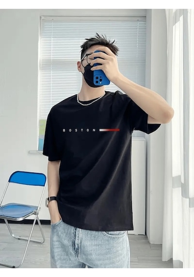 Flood Of Style Erkek Siyah Boston Çizgi Baskılı Oversize