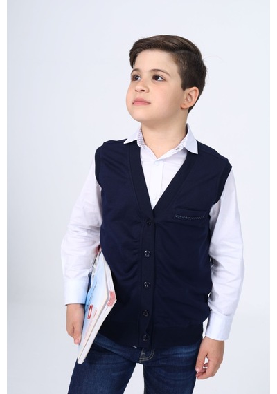 Toontoy Kids Toontoy Erkek Çocuk V Yaka Düğmeli Peto Cep Detaylı Örme Yelek Lacivert