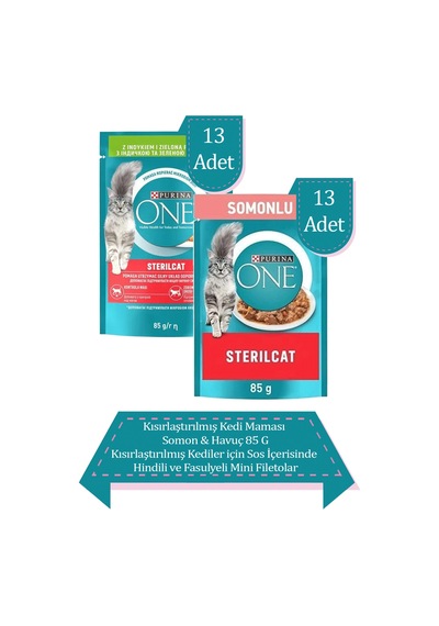 Purına One Sterilcat Yaş Kısırlaştırılmış Kedi Maması 26'lı Karma Paket Somon 13x85g, Hindi 13x85g