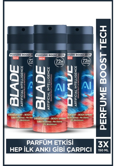 Artificial Intelligence Erkek Alüminyumsuz Deodorant Body Spray 3x150 ML Hızlı Kurur,leke Bırakmaz
