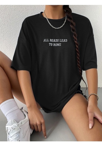 To Rome T-shirt - Siyah Baskılı Oversize Bisiklet Yaka Kısa Kol Tişört Siyah