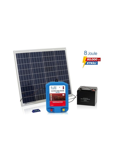 Puhu Ecos Eko Güneş Enerjili Elektrikli Çit Cihazı 8 Joule 60w Panel + 12v/42ah Jel Akü