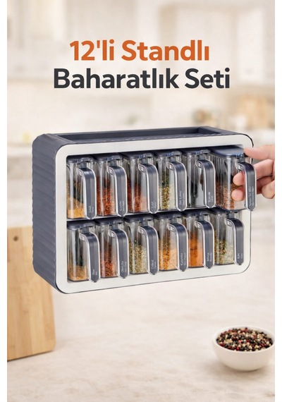 12li Standlı Kendinden Yapışkanlı Kapaklı Kaşıklı Baharatlık Takımı-kulplu Baharatlık Antrasit Gri