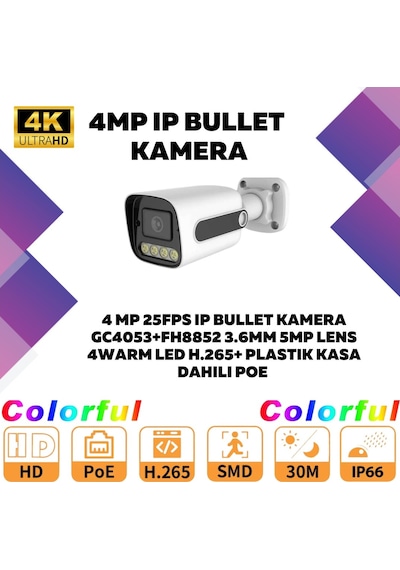 6'lı Güvenlik Ip Kamera Seti - 4mp Dış Mekan Kamera, 3.6mm Lens, H.265, Poe, Warm Led Gece Görüşlü