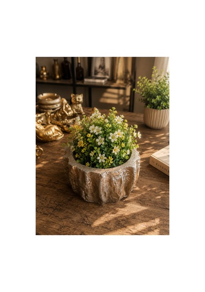 Dekoratif Gold Saksı 13x7 Cm Polyester Taş Görünümlü Kaktüs Sukulent Çiçek Saksısı Gümüş