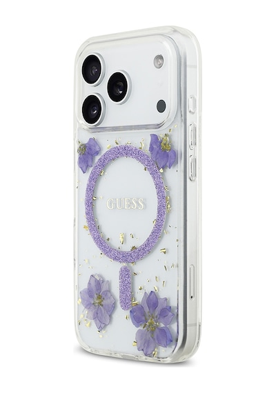Apple Uyumlu iPhone 17 Pro Kılıf Guess Lisanslı M-safe Şarj Özellikli Transparan Resin Flowers Kapak Mor Mor