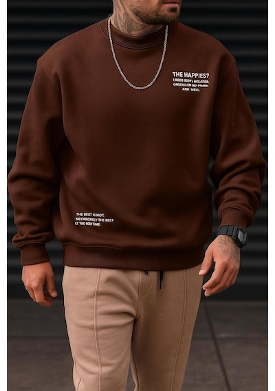 Benroma 3 İplik Penye The Happıes Baskılı Unisex Sweatshırt Kahverengi