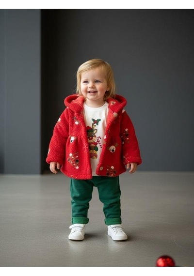 Zekids Kız Bebek Peluş Montlu Yılbaşı Temalı 3'lü Eşofman Takım-16559 Kırmızı