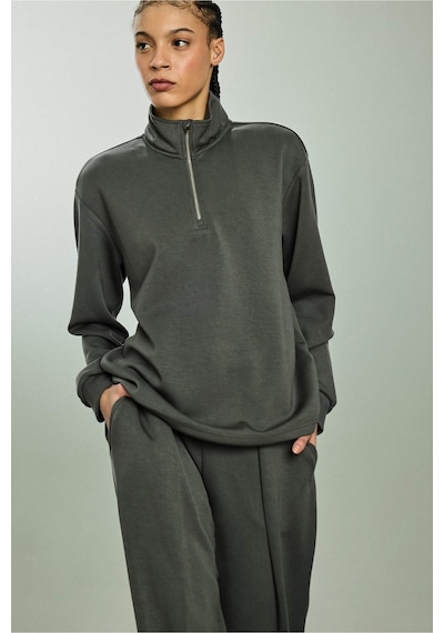 Defacto Oversize Geniş Kalıp Yarım Fermuarlı Modal Sporcu Sweatshirt D7126ax26spkh521 Haki-kh521