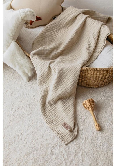 4 Katlı%100 Pamuk Müslin Bebek Battaniyesi, Bej, 100x100 Cm, Kenar Dikişli Çok Renkli